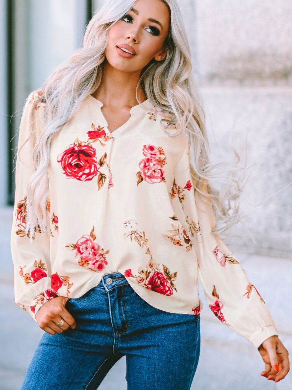 NWOT Floral V-Neck Long-Sleeve Blouse - White with Pink & Red Roses